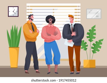 Three Businessmen Standing In Office, Talking, Discussing Negotiating. Flat Modern, Design Style. People In Formal Clothes Are Enjoying A Pleasant Conversation. Talking With Colleague Working Board