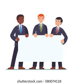 Three businessmen standing together and holding white blank banner. Business presentation concept. Ad template. Flat style modern vector illustration isolated on white background.