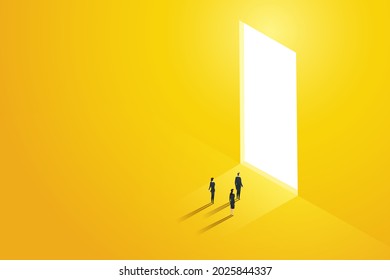 Three businessmen stood in front of a huge door shining in the light. Business Opportunities Challenges Vision and Future. Vector Illustration.