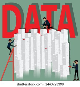 Three businessmen try to fine data they wants from mountain data - vector Illustration

