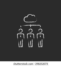 Three businessmen under the cloud hand drawn in chalk on a blackboard vector white icon on a black background