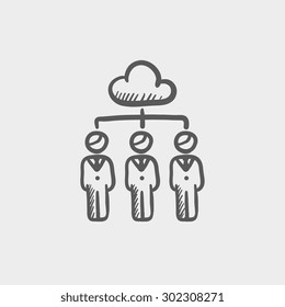 Three businessmen under the cloud sketch icon for web and mobile. Hand drawn vector dark grey icon on light grey background.