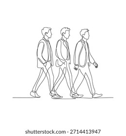 Três homens de negócios andando em ternos uma ilustração de desenho de linha contínua