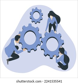 Three businessmen and woman collect gear from the gears of the details of puzzles. The concept of a business idea. Teamwork. strategy. cooperation. Teamwork and team building flat vector illustration.