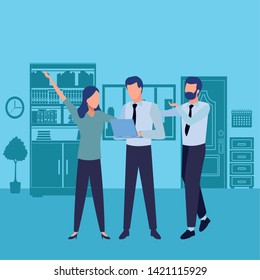 three businesspartners working with office supplies on blue office scenery background, vector illustration.