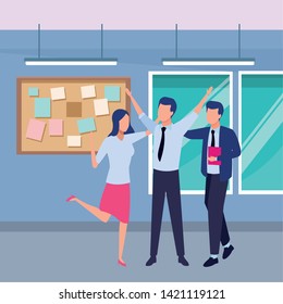 three businesspartners working with office supplies inside office with windows and corkboard scenery, vector illustration.