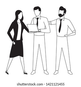 three businesspartners working with office supplies in black and white isolated faceless avatar vector illustration graphic design