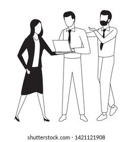 three businesspartners working with office supplies in black and white isolated faceless avatar vector illustration graphic design