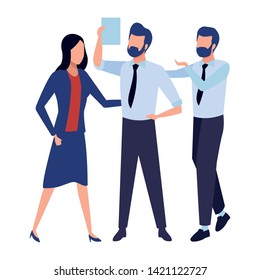 three businesspartners working with office supplies colorful isolated faceless avatar vector illustration graphic design