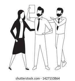 three businesspartners working with office supplies in black and white isolated faceless avatar vector illustration graphic design