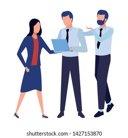 three businesspartners working with office supplies colorful isolated faceless avatar vector illustration graphic design