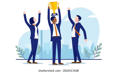 Three businesspeople celebrating success, cheering and holding trophy over head. Business team accomplishment and winning concept. Vector illustration with white background