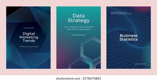 Three business-themed posters with abstract designs. Keywords: data strategy, digital marketing, business statistics. Blue and green color scheme. Digital business and big data template vector set.