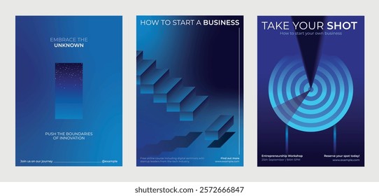 Three business-themed posters in blue tones. Keywords: business, innovation, entrepreneurship. Themes: start a business, embrace innovation, take your shot. Gradient innovative business templates.