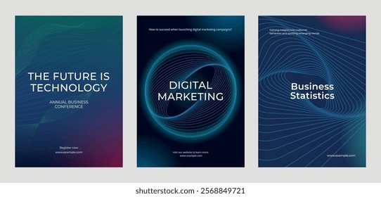 Three business-themed posters: technology, digital marketing, business statistics. Futuristic design with blue tones, technology and marketing. Digital business and big data template vector set.