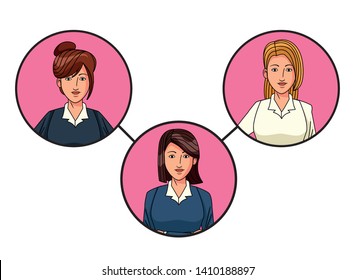 three businesswomen with bun and short hair and long hair girls avatar cartoon character profile picture portrait in round icons vector illustration graphic design