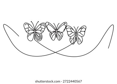 Tres mariposas volando en curvas de línea continua de arte