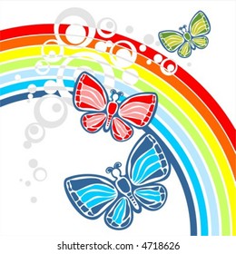 Three butterflies on a background of a rainbow and circles.