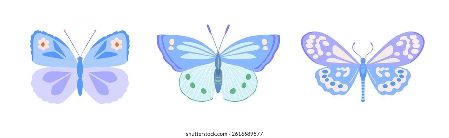 Three butterflies in soft blue, purple colors with floral pattern. Vector cute children's illustration on white isolated background for design of greeting, invitation card, label. Top view.