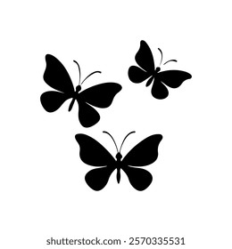 Three butterfly icon silhouette vector illustration on white background.
