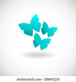 Three butterfly logo. Blue colors logotype. Logo sign in flat style colors. For beauty salon, health clinic, yoga and massage center.