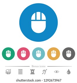 Three buttoned computer mouse flat white icons on round color backgrounds. 6 bonus icons included.