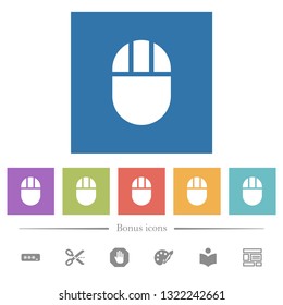 Three buttoned computer mouse flat white icons in square backgrounds. 6 bonus icons included.