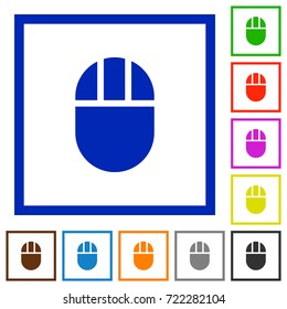Three buttoned computer mouse flat color icons in square frames on white background