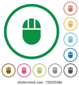 Three buttoned computer mouse flat color icons in round outlines on white background