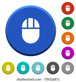 Three buttoned computer mouse round color beveled buttons with smooth surfaces and flat white icons