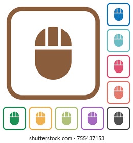 Three buttoned computer mouse simple icons in color rounded square frames on white background