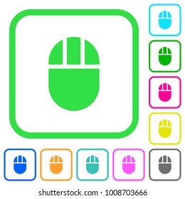 Three buttoned computer mouse vivid colored flat icons in curved borders on white background