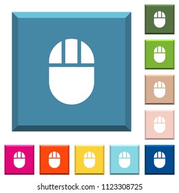 Three buttoned computer mouse white icons on edged square buttons in various trendy colors