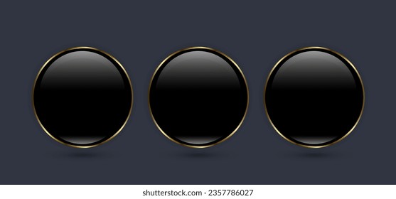 Three Buttons of Premium round black glossy Circle button, with Luxury gold ring frame vector illustration