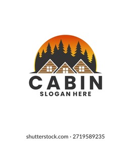Tres casas de cabina con Plantilla de Vector de diseño de logotipo de pinos. Diseño del logotipo de la cabina de Naturaleza