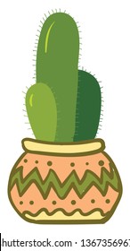 Three cacti in a decorated earthen pot vector or color illustration