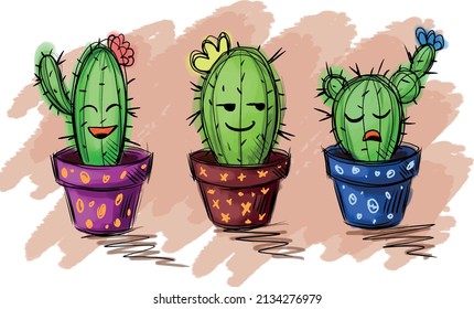 Tres cactus con diferentes emociones: alegría, duda, descontento. Portada del cuaderno, bloc de notas para impresión