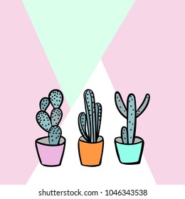 Three cacti on a background of geometric shapes. Punchy pastels. Vector illustration.