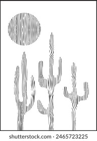  Three cacti and sun made with irregular strokes.