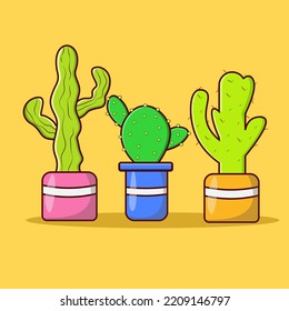 Three cactus with different shape and color in a pot 