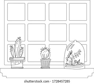 Three cactus in a pot on the window black and white icon