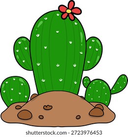 Tres cactus con flores rojas en la Ilustración vectorial de la colina