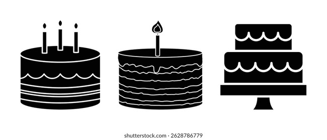 Three cake silhouettes with candles isolated on a white background