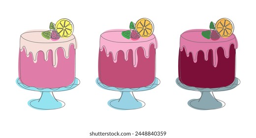 Three cakes of different varieties are displayed with fresh lemon slices on top. Each cake showcases a unique design and flavor, accented by vibrant yellow citrus fruits
