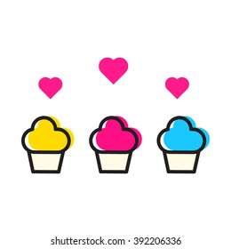 Three cakes with hearts. Love cake icon flat vector on white background. For cafe and restaurant.