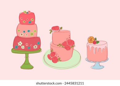 Three cakes of varying flavors and designs. Each cake is unique in appearance, showcasing a variety of colors, textures, and decorations