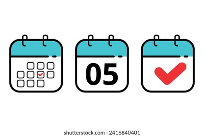 Three calendar icons in different formats. Calendar flat icons for sits blogs and graphic resources. Calendar with a specific day marked, day 05.