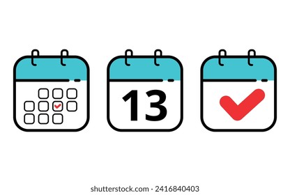 Three calendar icons in different formats. Calendar flat icons for sits blogs and graphic resources. Calendar with a specific day marked, day 13.