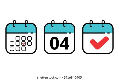 Three calendar icons in different formats. Calendar flat icons for sits blogs and graphic resources. Calendar with a specific day marked, day 04.