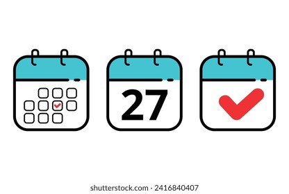 Three calendar icons in different formats. Calendar flat icons for sits blogs and graphic resources. Calendar with a specific day marked, day 27.
